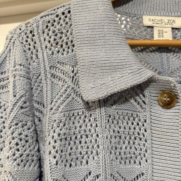 Rachel Zoe Open Knit Periwinkle Blue Collared Button Up Cardigan Sweater Sz XL - Picture 8 of 13